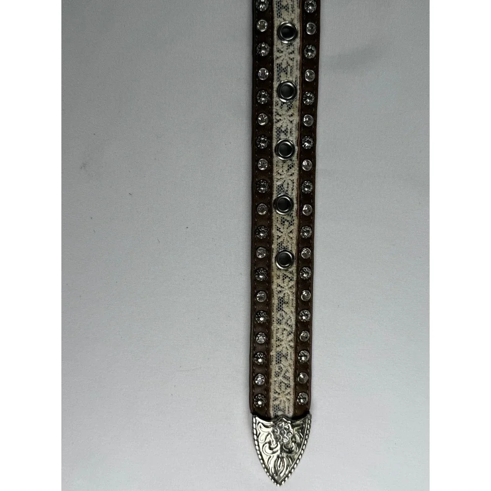 Western Brown Leather Lace Rhinestone Studded Belt Silver Floral Buckle XL A5212